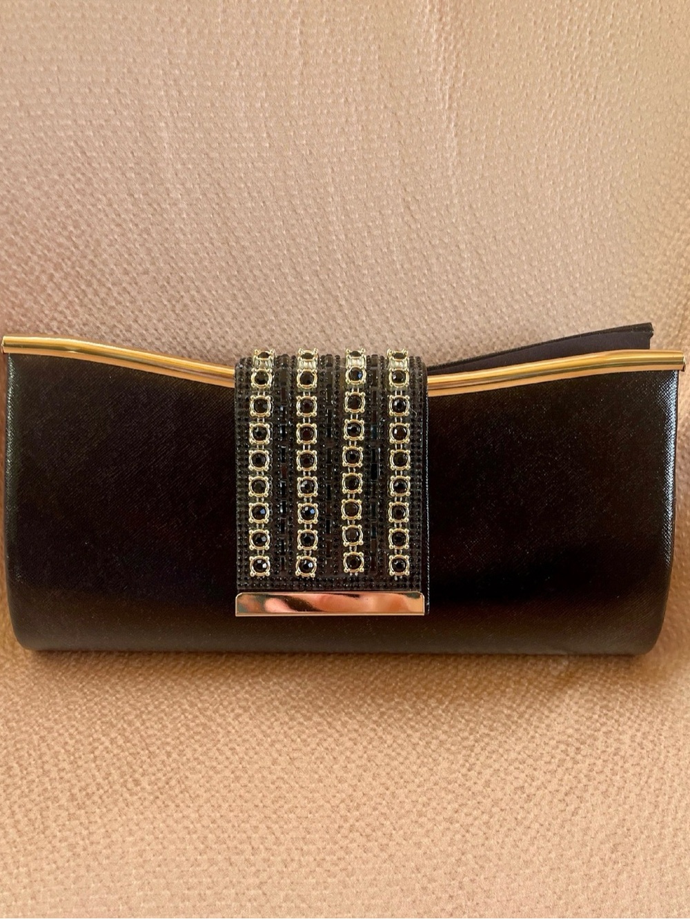 Elegant Black Evening Clutch with Gold Trim